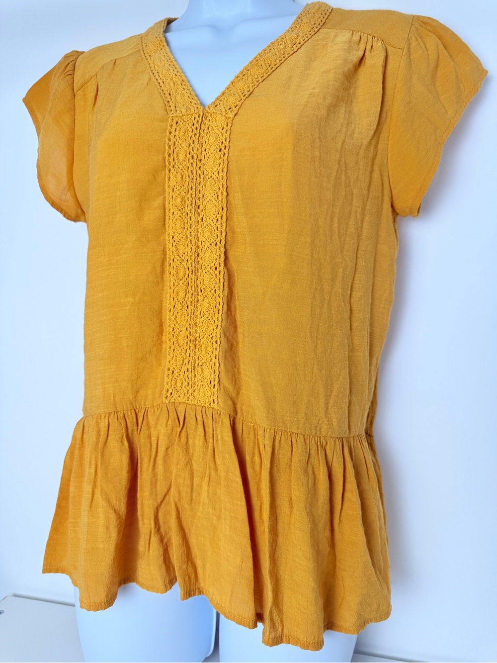 THML Mustard Crochet-Trim Peplum Tunic